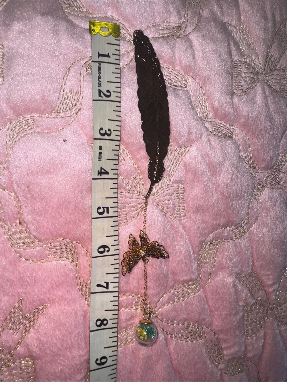 Gold Butterfly Feather Bookmark Necklace with Glass Globe Charm - Women Jewelry